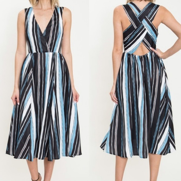 L'ATISTE Dresses & Skirts - L’ATISTE Striped Cutout Midi Dress Black Blue